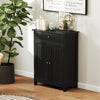 Black bathroom floor cabinet with a smooth surface and elegant design, featuring a top for decorative items and easy.