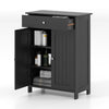 Freestanding black bathroom floor cabinet with 2 doors, a drawer, and adjustable shelves for versatile storage.