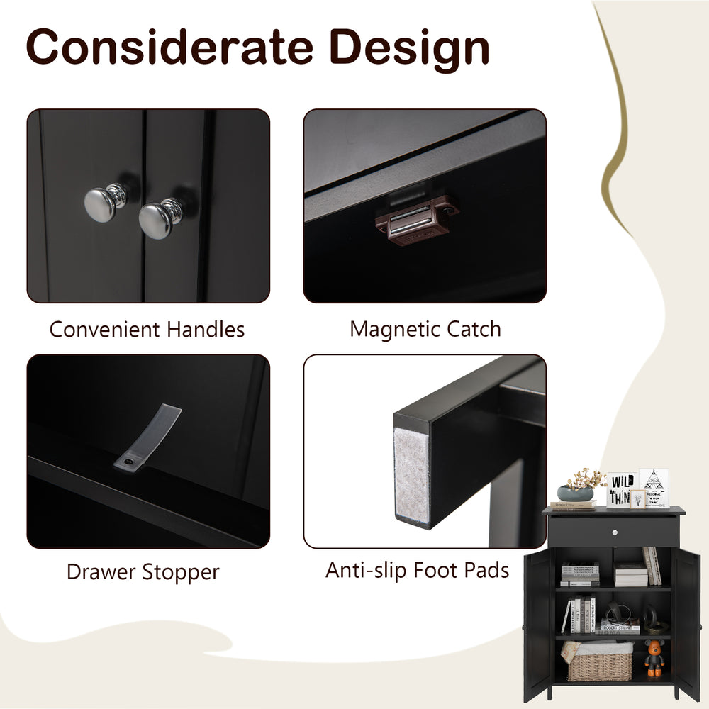 Bathroom floor cabinet features convenient handles, magnetic catch, and anti-slip foot pads for stable storage.