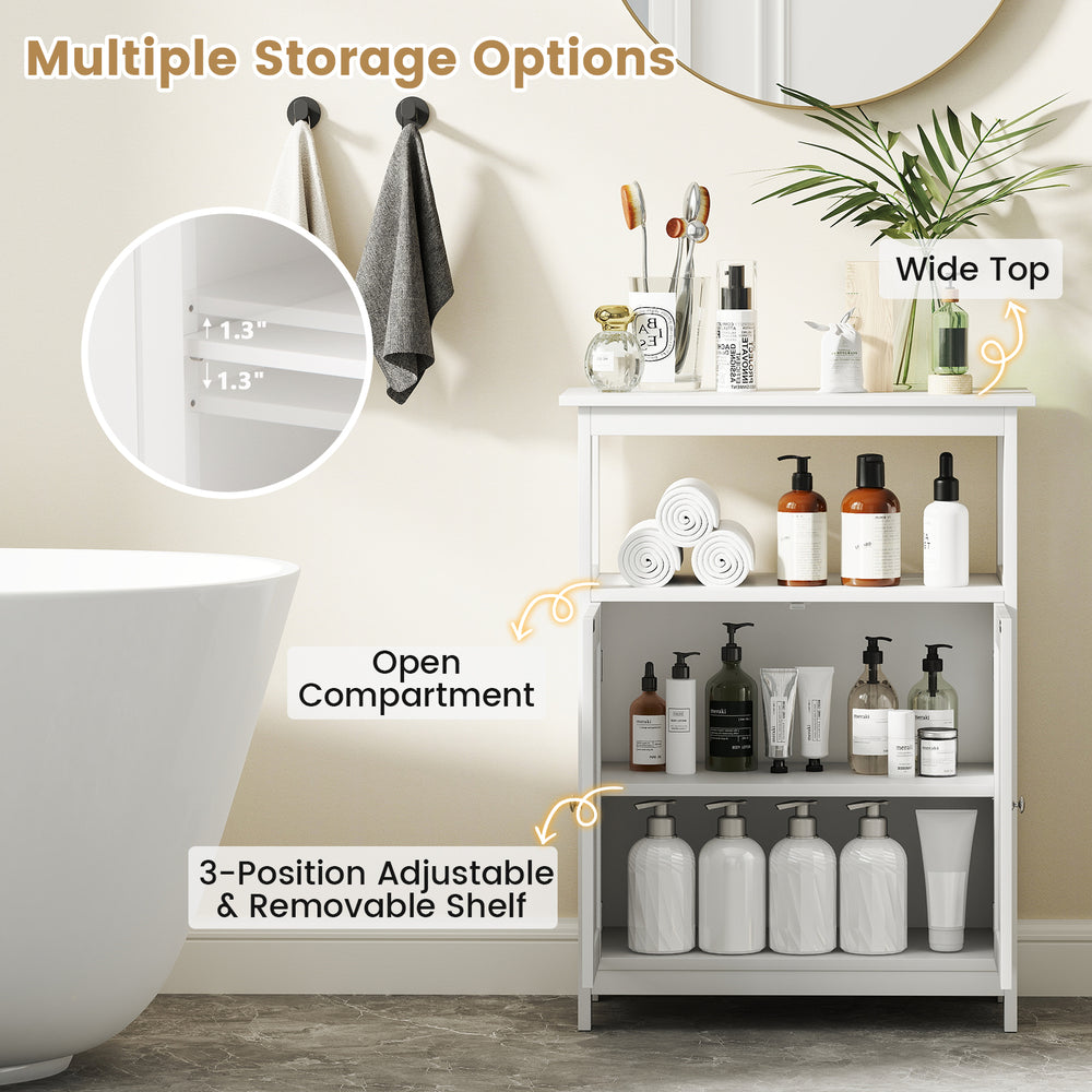 Freestanding white bathroom storage organizer with open compartment and adjustable shelf for versatile storage options.