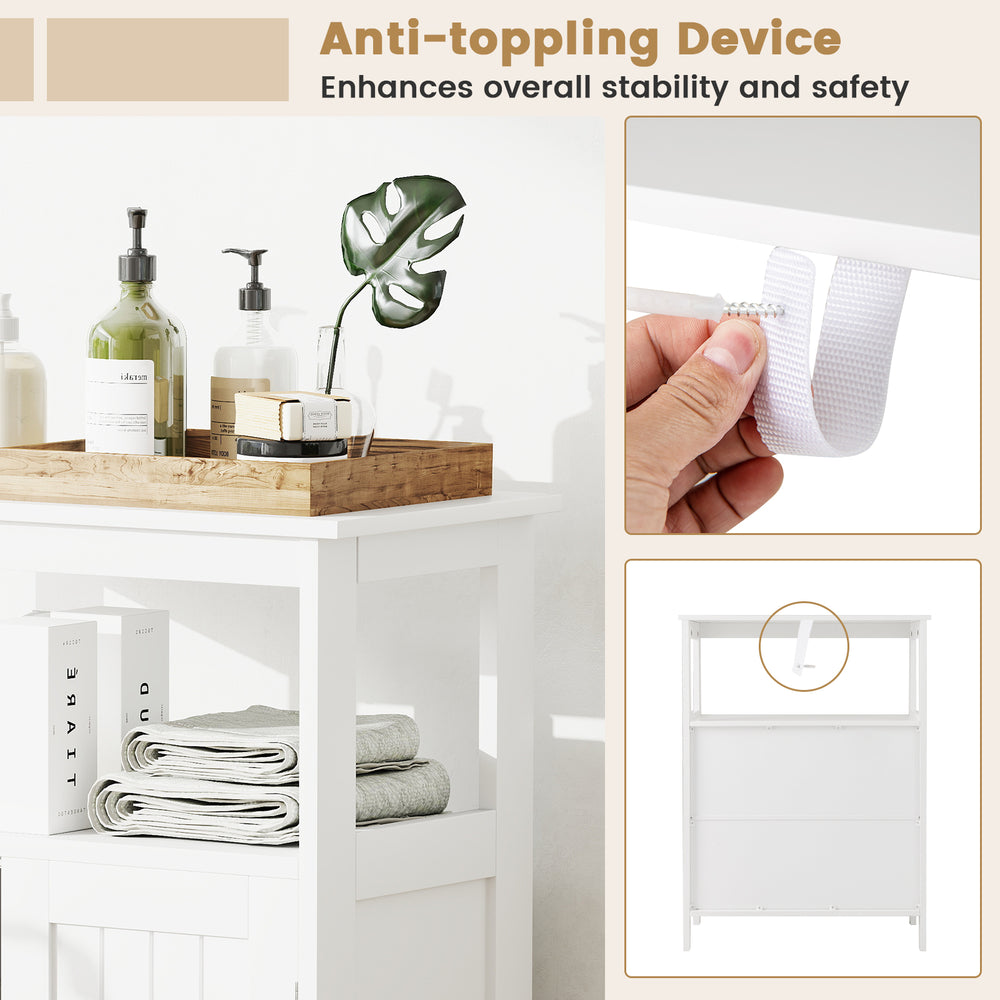 Freestanding white bathroom floor cabinet with open compartment and anti-toppling device for enhanced stability and.
