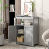 Gray freestanding bathroom floor cabinet with double shutter doors and adjustable shelves for versatile storage.