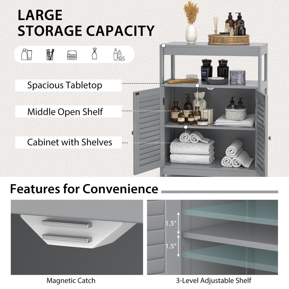 Freestanding gray bathroom cabinet with double shutter doors, adjustable shelves, and spacious storage for towels and.