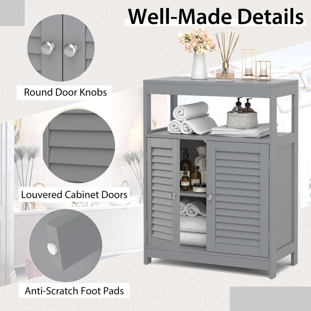 Freestanding gray bathroom cabinet with double shutter doors, adjustable shelf, and smooth metal knobs for versatile.