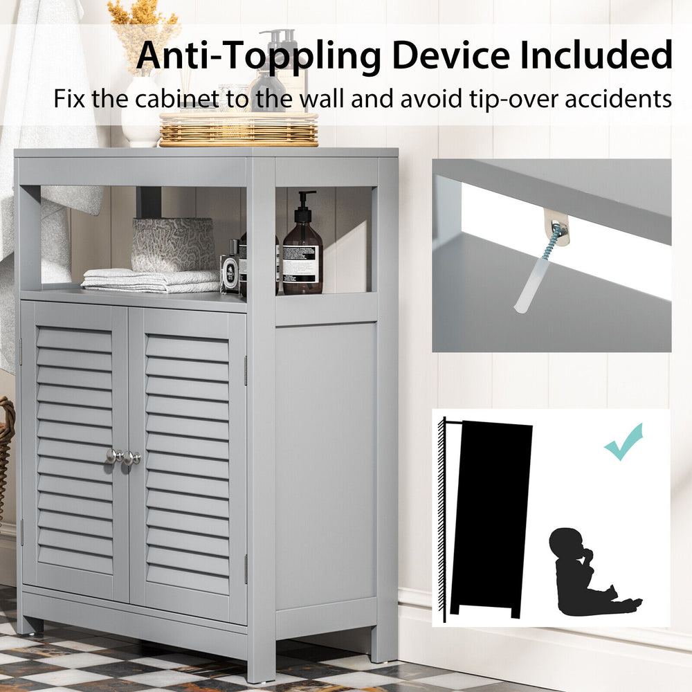 Freestanding gray bathroom cabinet with double shutter doors, adjustable shelf, and anti-tipping device for safety.