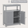 Freestanding gray bathroom cabinet with double shutter doors, adjustable shelves, and dimensions for versatile storage.