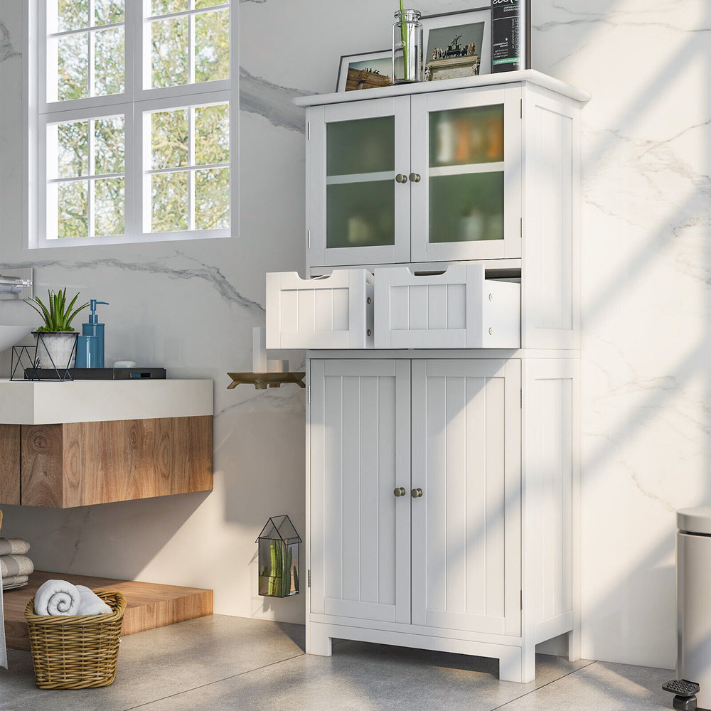 3 Tier Freee-Standing Bathroom Cabinet with 2 Drawers and Glass Doors-White - Gallery View 1 of 10