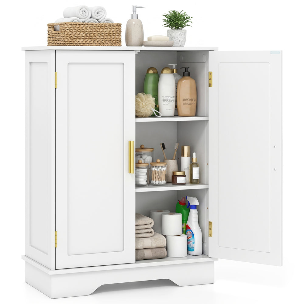 White bathroom floor storage cabinet with two doors, adjustable shelves, and a large storage capacity for versatile use.