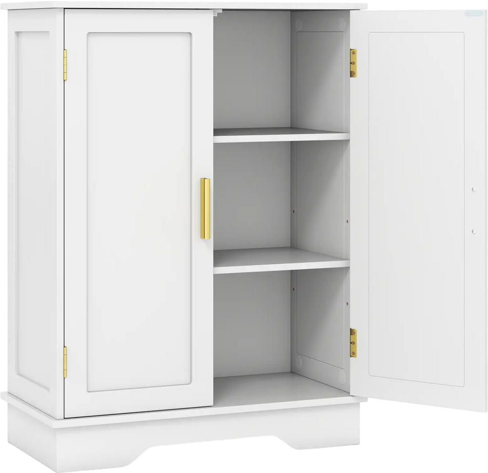 White bathroom floor storage cabinet with two doors, adjustable shelves, and elegant handles for versatile storage.