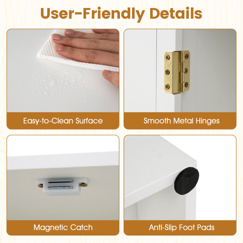 User-friendly details of the white bathroom floor storage cabinet, featuring easy-to-clean surface and smooth metal.