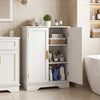 White bathroom floor storage cabinet with two doors, adjustable shelves, and elegant handles, perfect for organized.