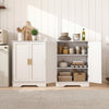 White bathroom floor storage cabinet with two doors, adjustable shelves, and elegant handles for versatile organization.