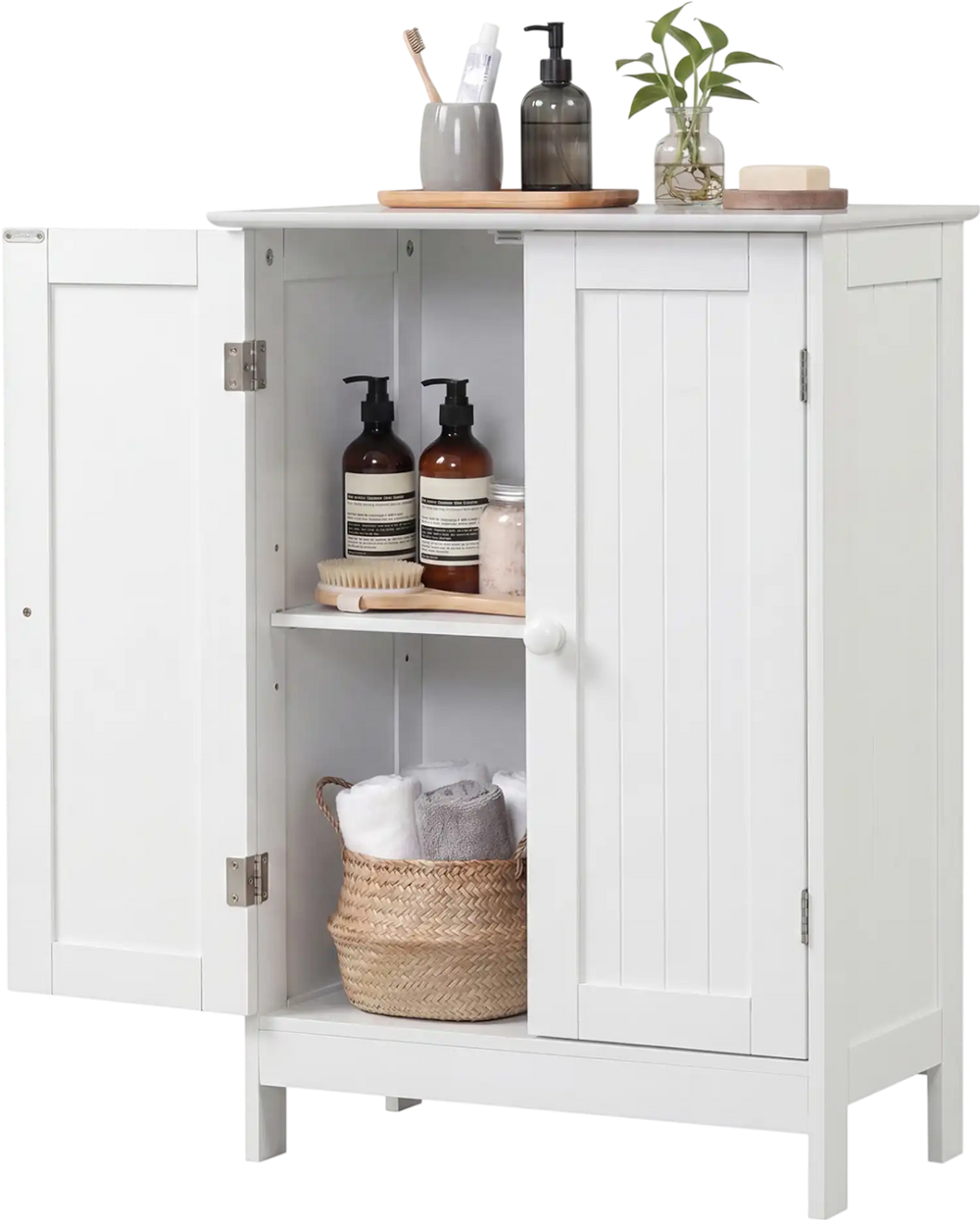White bathroom floor storage cabinet with double doors and shelves, perfect for organizing toiletries and towels.