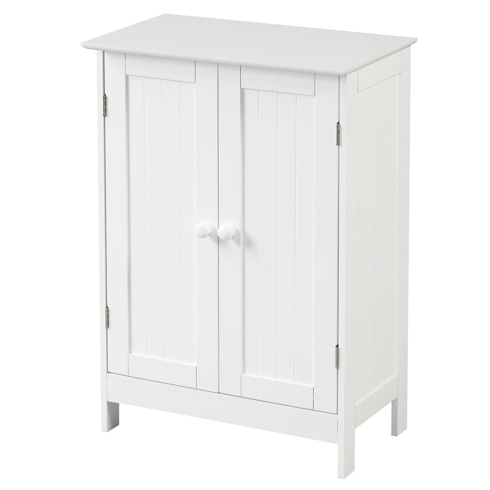 White bathroom floor storage cabinet with double doors and two shelves for organized toiletries and versatile use.