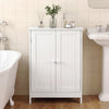 White bathroom floor storage cabinet with double doors and shelves, perfect for organizing toiletries and other essentials.