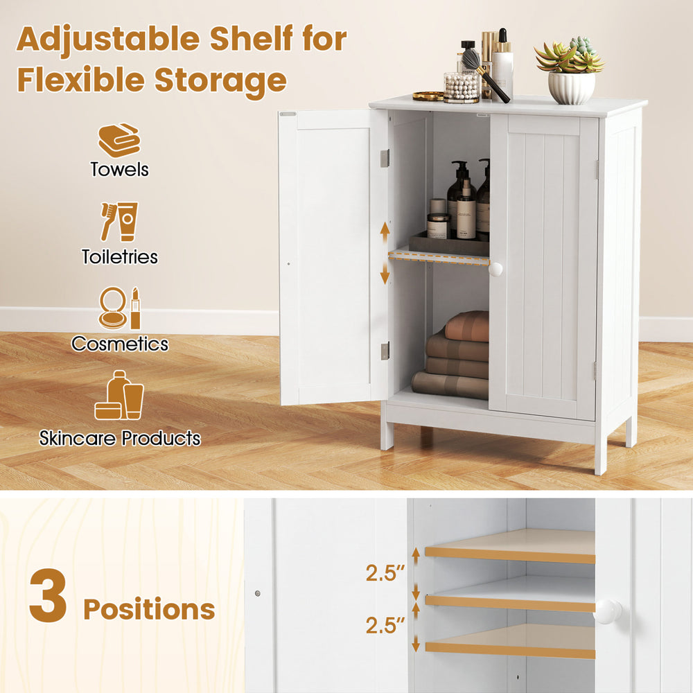 White bathroom floor storage cabinet with double doors and adjustable shelves for organizing toiletries and towels.