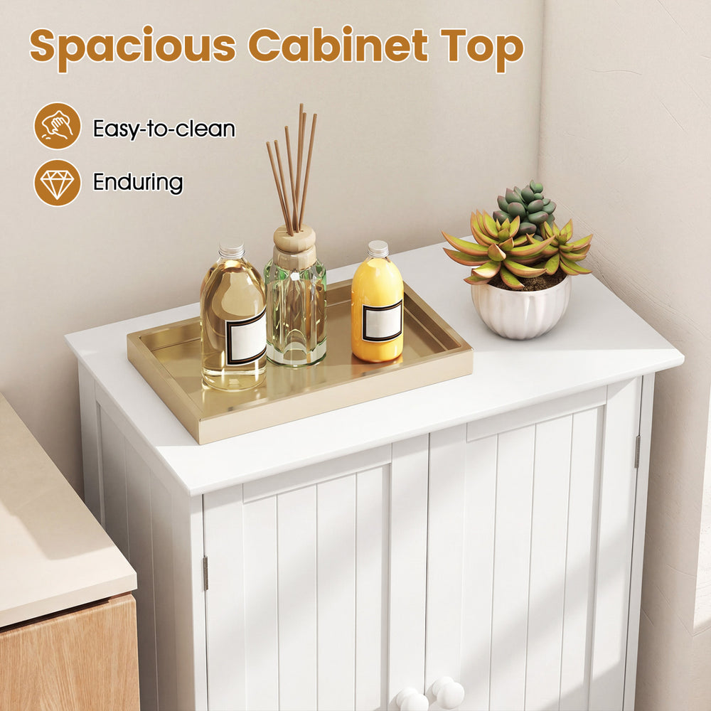 Spacious white bathroom cabinet with double doors, offering ample storage for toiletries and versatile use in any room.
