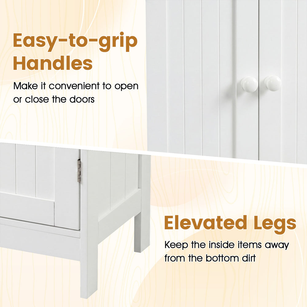 Double door bathroom cupboard cabinet in white with easy-to-grip handles and elevated legs for versatile storage.
