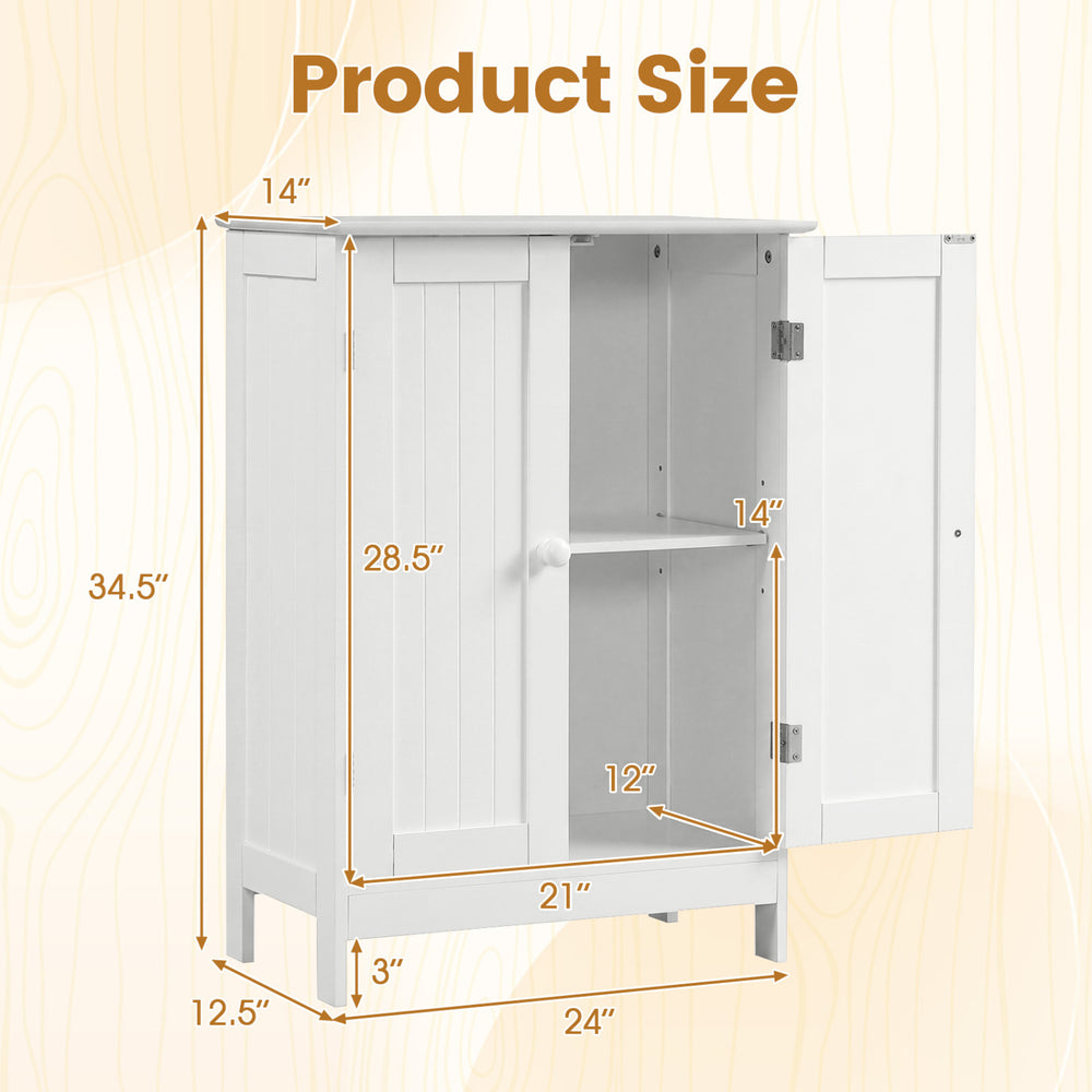 Bathroom floor storage double door cupboard cabinet in white with two shelves for organized storage in compact spaces.