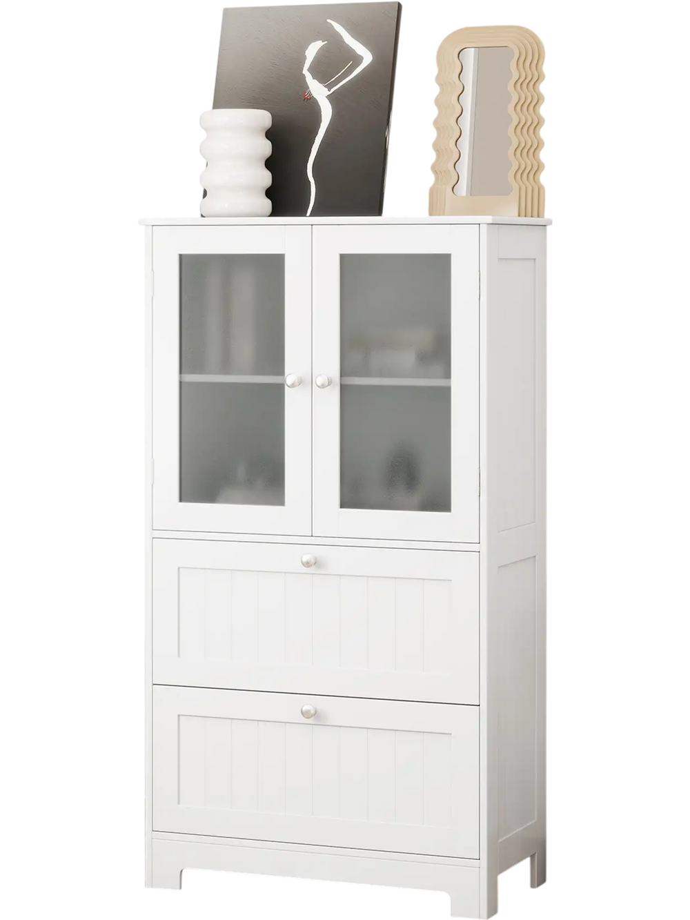 Freestanding white bathroom storage cabinet with frosted glass doors, 2 drawers, and adjustable shelf for versatile use.