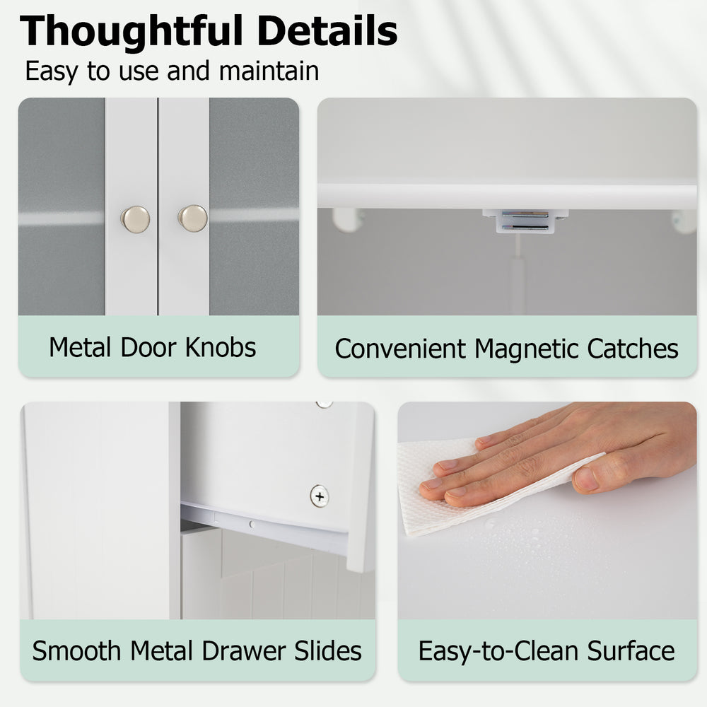 Close-up of the bathroom floor storage cabinet features, showcasing metal door knobs and easy-to-clean surface.