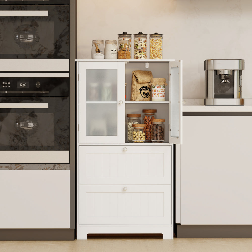 Freestanding white bathroom storage cabinet with frosted glass doors, two drawers, and adjustable shelf for versatile.