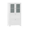 Freestanding white bathroom storage cabinet with frosted glass doors, 2 drawers, and adjustable shelf for versatile.