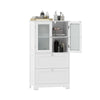 Freestanding white bathroom storage cabinet with frosted glass doors, 2 drawers, and adjustable shelves for versatile.