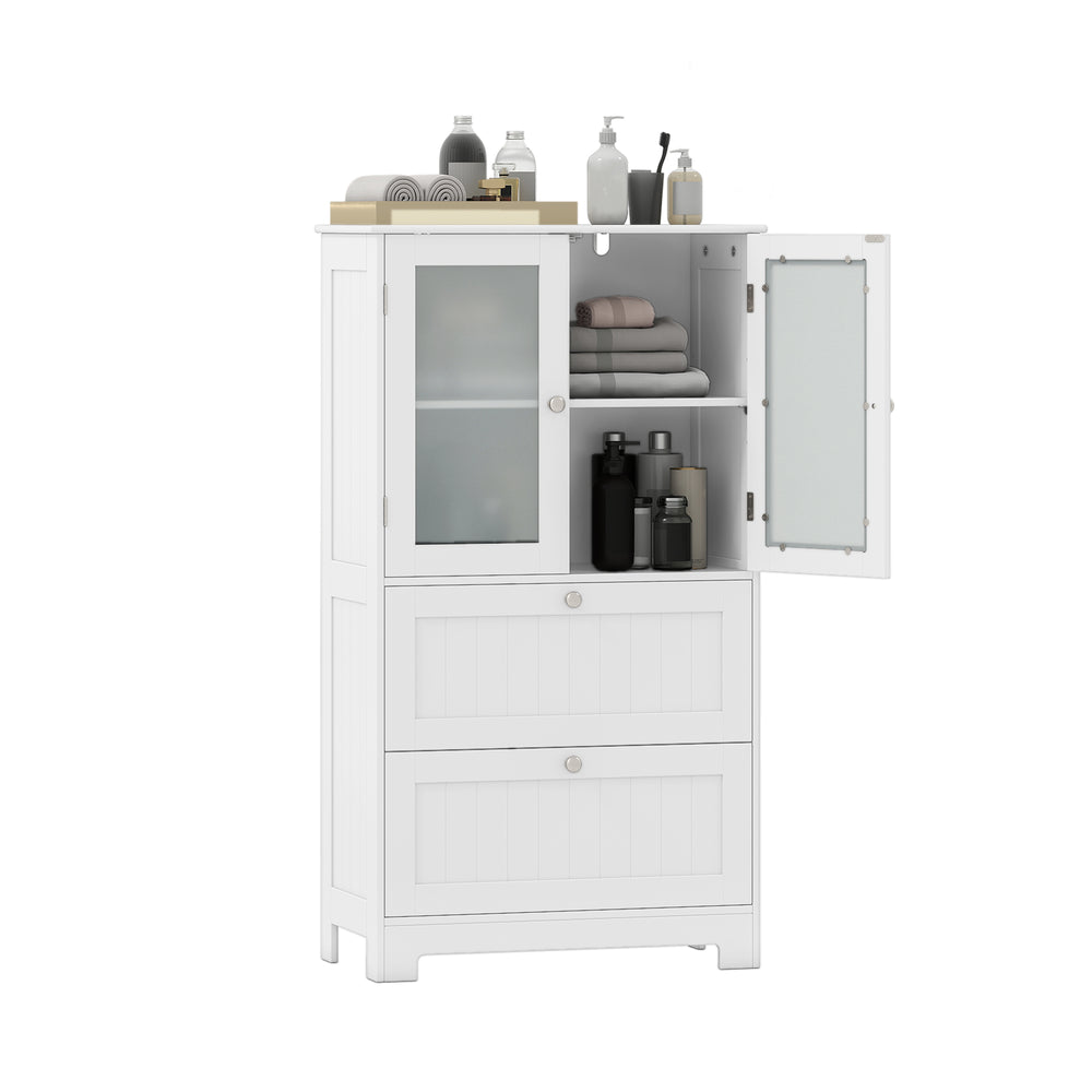 Freestanding white bathroom storage cabinet with frosted glass doors, 2 drawers, and adjustable shelves for versatile.