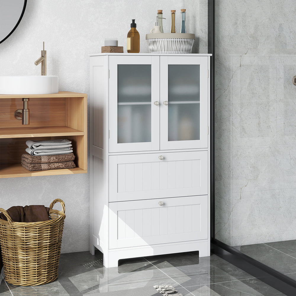 Freestanding white bathroom storage cabinet showcasing frosted glass doors and two drawers, perfect for organized.