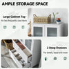 Freestanding white bathroom storage cabinet with frosted glass doors, featuring 2 deep drawers for ample organization.