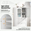 Freestanding white bathroom storage cabinet with frosted glass doors, 2 drawers, and a 3-level adjustable shelf.