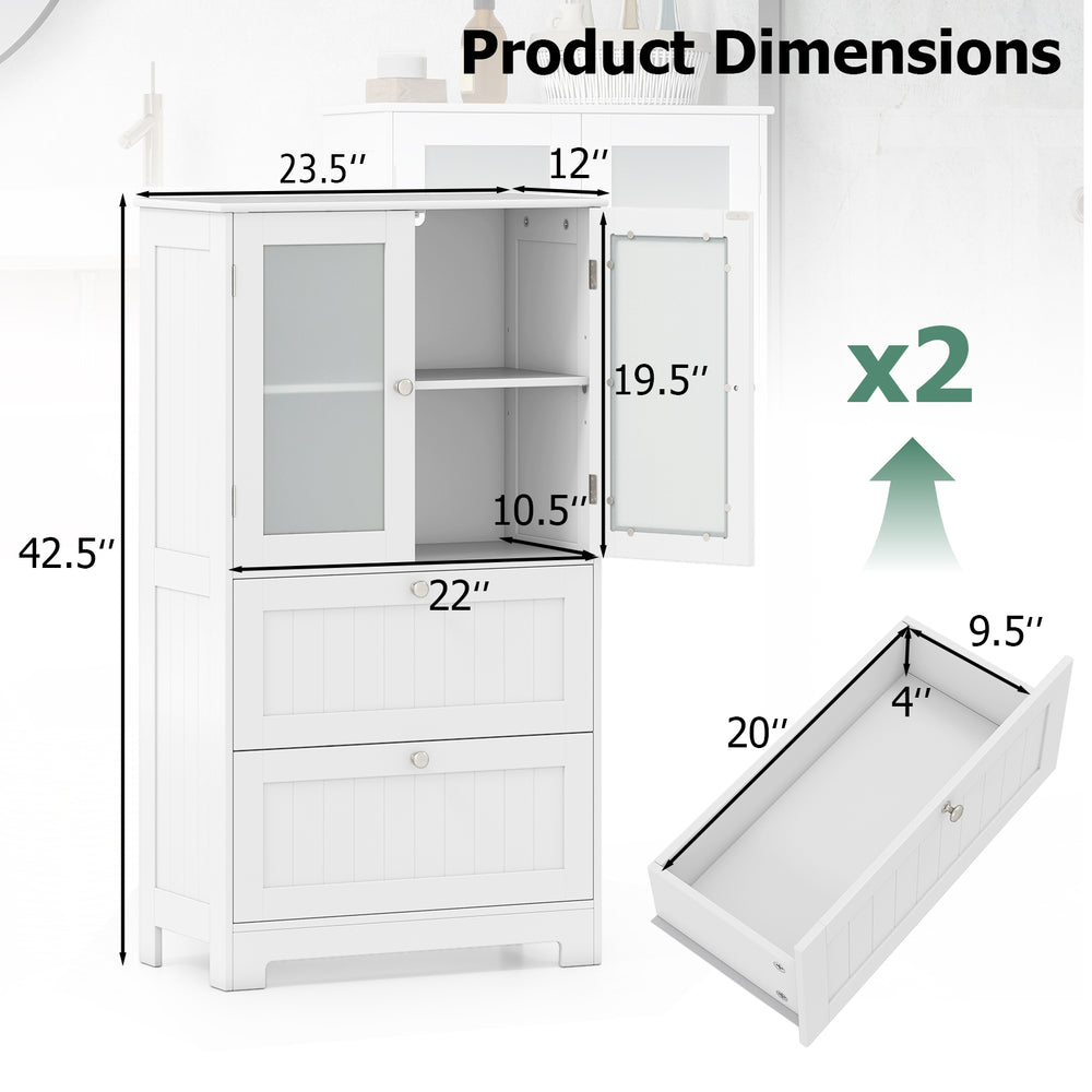 Bathroom floor storage cabinet dimensions showing freestanding design with 2 drawers and frosted glass doors in white.