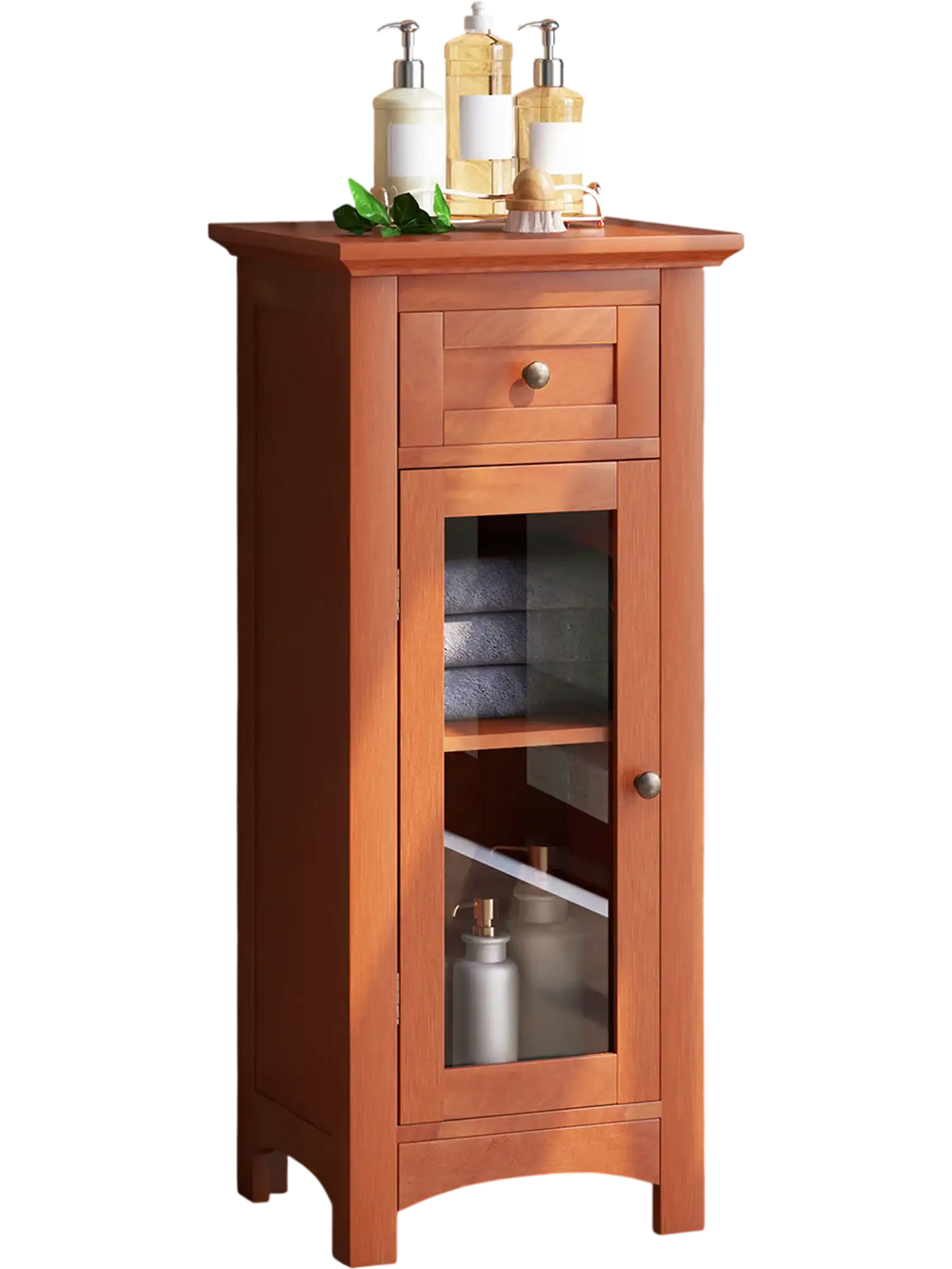 Brown bathroom storage cabinet with a tempered glass door and elegant design, perfect for organizing toiletries and.