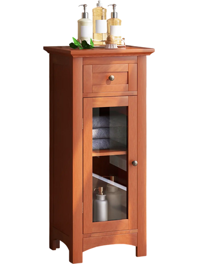 Costway Bathroom Freestanding Storage Cabinet Single Glass Door Brown 36827145 New