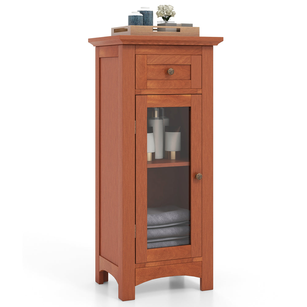 Brown bathroom storage cabinet featuring a single glass door, sturdy support legs, and a smooth top for easy access.