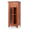 Freestanding brown bathroom storage cabinet with glass door, drawer, and adjustable shelf for organized toiletries.