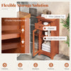 Freestanding brown bathroom storage cabinet with a glass door, drawer, and adjustable shelf for toiletries and towels.
