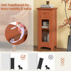 Freestanding brown bathroom storage cabinet with glass door, drawer, and anti-toppling kit for safety and stability.