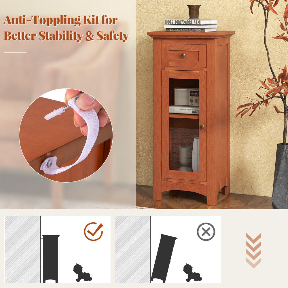 Freestanding brown bathroom storage cabinet with glass door, drawer, and anti-toppling kit for safety and stability.