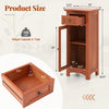 Freestanding brown bathroom storage cabinet with a glass door, drawer, and adjustable shelf for organized toiletries.