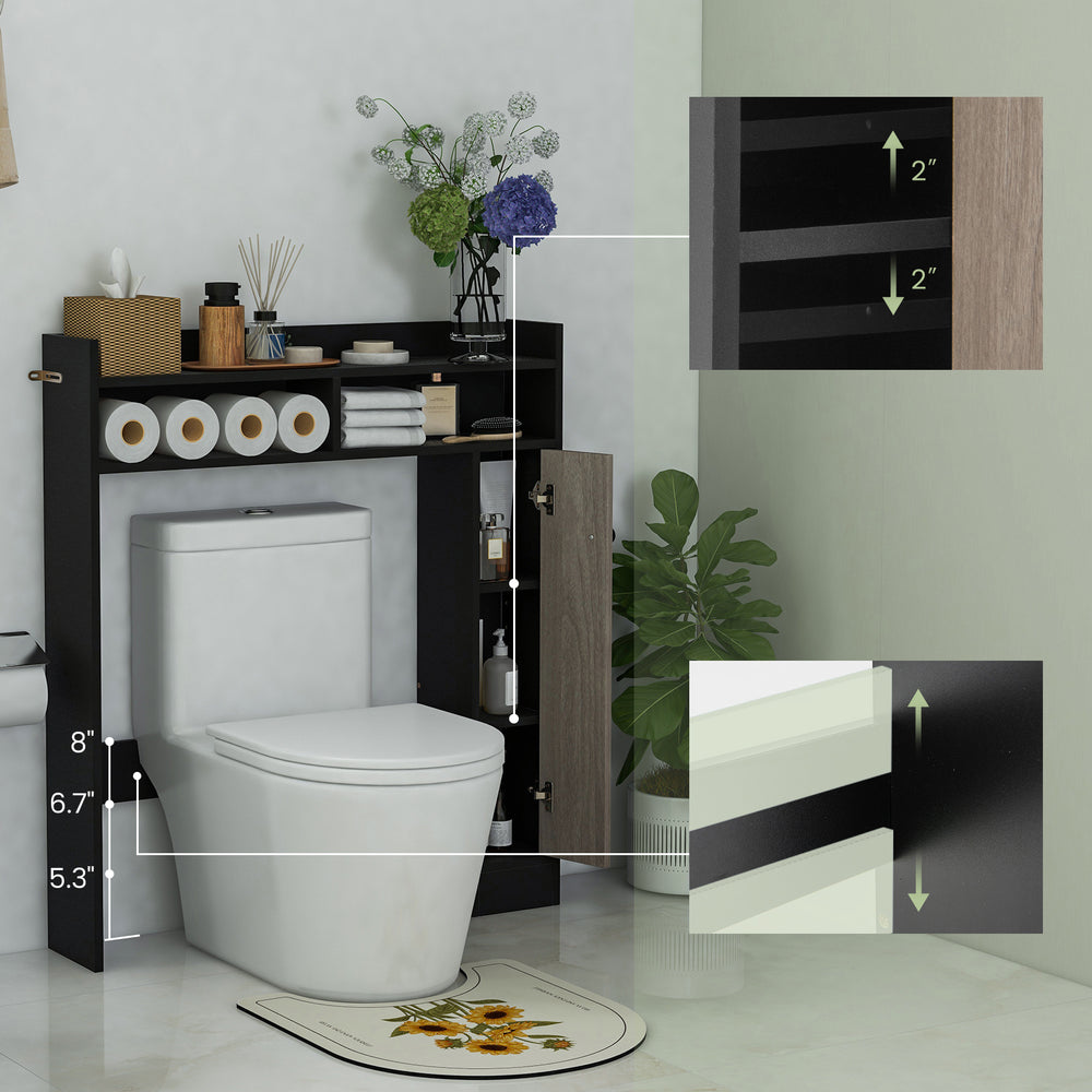 Bathroom over the toilet storage organizer in black with adjustable shelves and anti-toppling design for efficient.