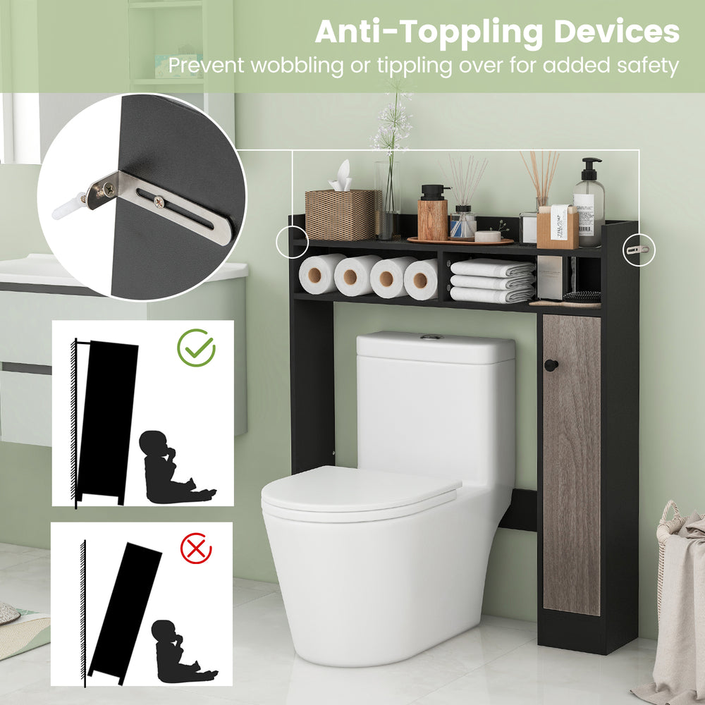 Bathroom over the toilet storage organizer in black with adjustable shelves and anti-toppling design for added safety.