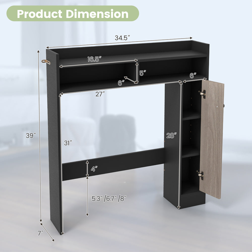 Bathroom over the toilet storage organizer dimensions with adjustable shelves in black for efficient space utilization.