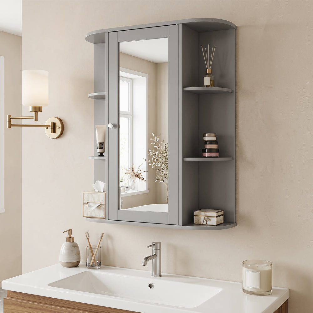 Bathroom Single Door Shelves Wall Mount Cabinet with Mirror-Gray - Gallery View 1 of 11