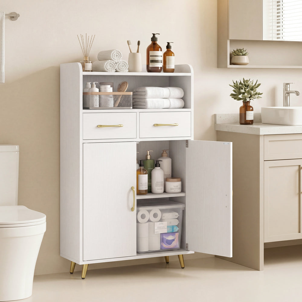 Freestanding white bathroom storage cabinet with 2 drawers and 2 doors, featuring adjustable shelves for versatile organization.