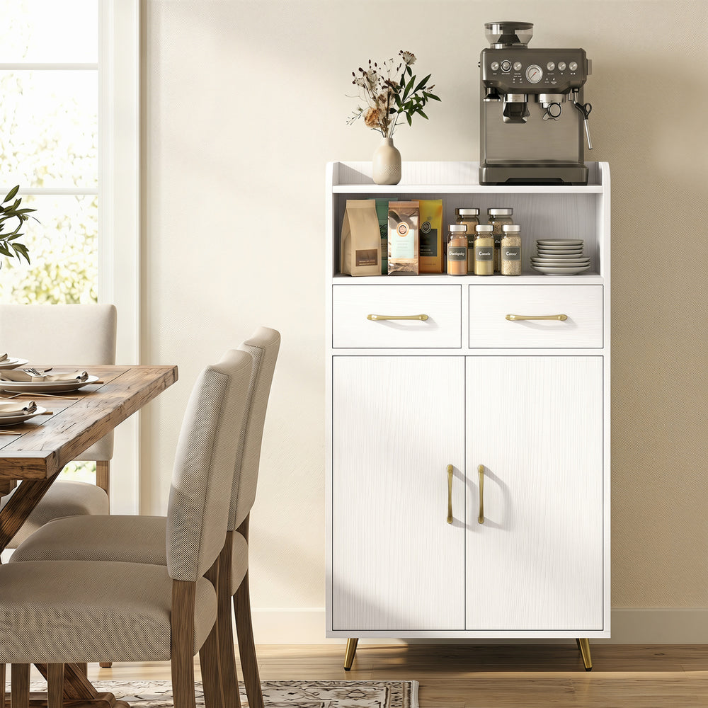 Freestanding white bathroom storage cabinet showcases a sleek design with two doors and ample space for versatile organization.