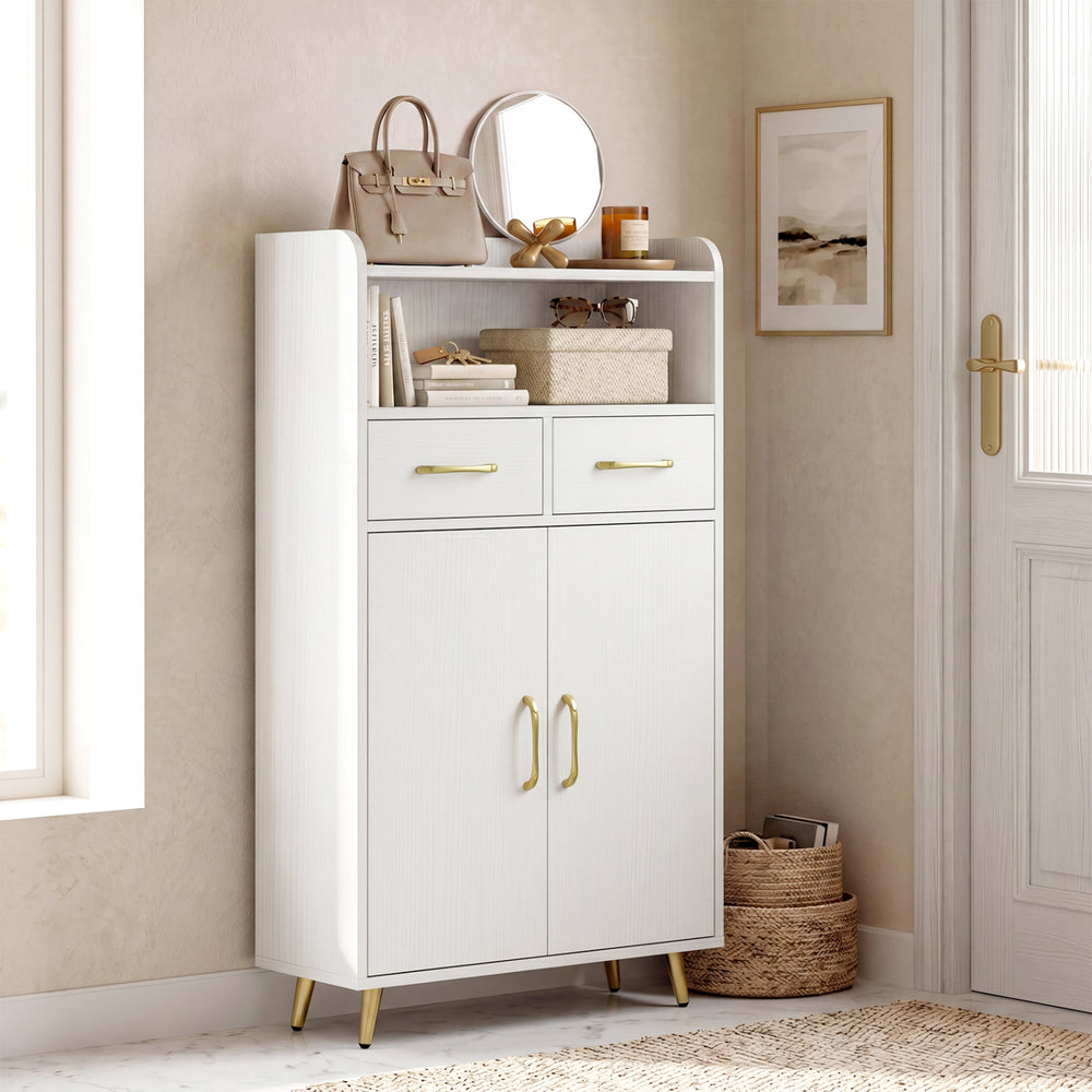 Freestanding white bathroom storage cabinet with 2 drawers and 2 doors, ideal for organizing personal items in any room.