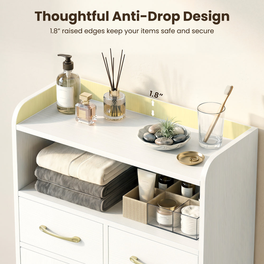 Freestanding white bathroom storage cabinet features a thoughtful anti-drop design and two drawers for organized storage.