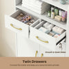 Twin drawers of the white bathroom storage cabinet feature smooth slides for easy access while concealing personal items.